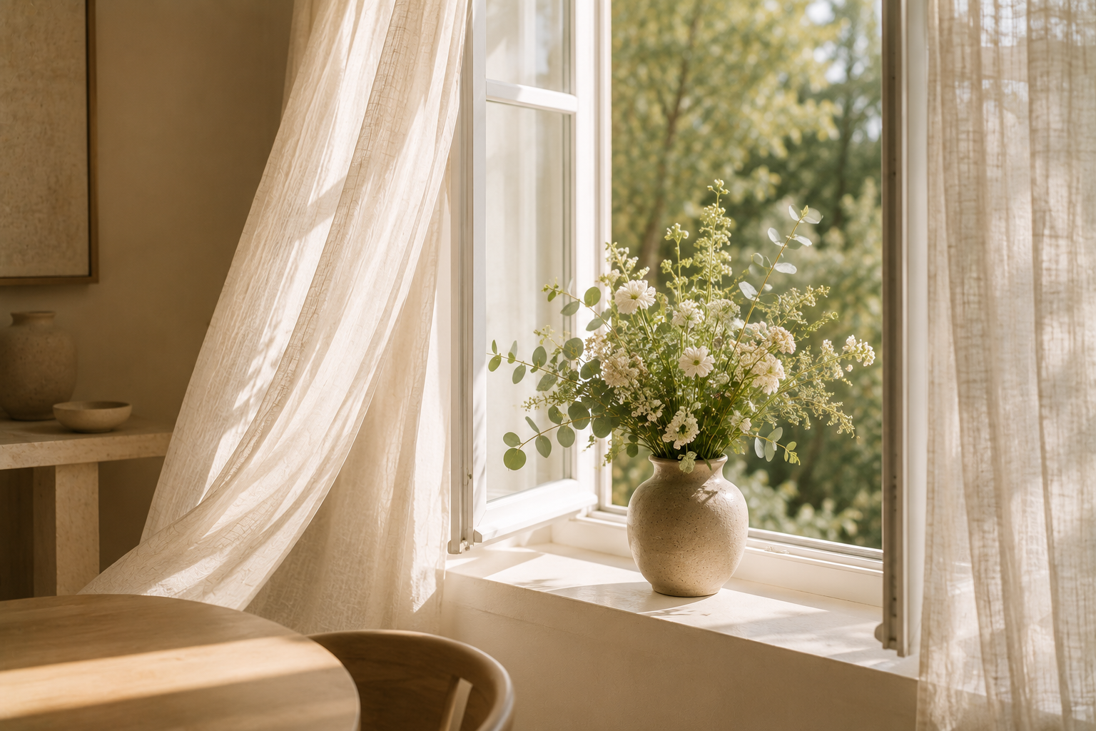 An open window and fresh flowers