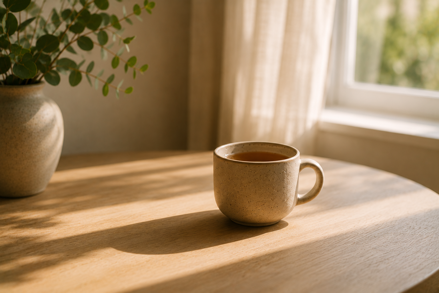 A warm cup of tea by a sunlit window