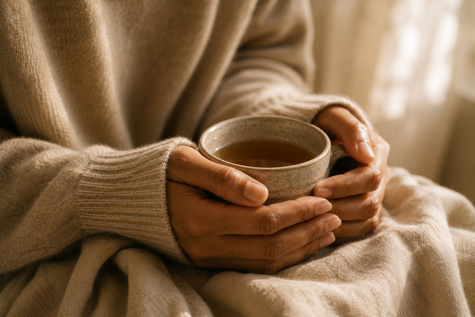 Hands cradling a warm mug