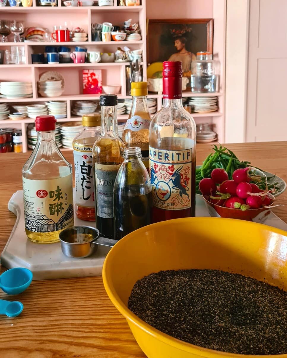 Black Sesame Dressing for my April Box for Cooks. 

Really good with blanched greens and dramatic with fried radishes... good drizzled over all vegetables and delicate with fish.

Recipe in 
#SetaTable @jacanamedia 
#KarensBoxForCooks