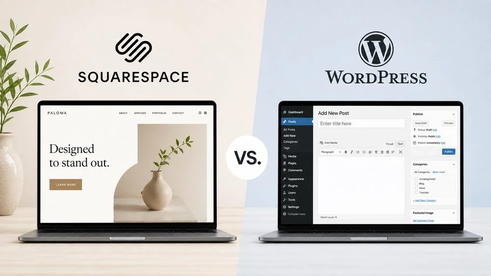 two laptops showing the diffrence between squarespace vs. wordpress for therapists