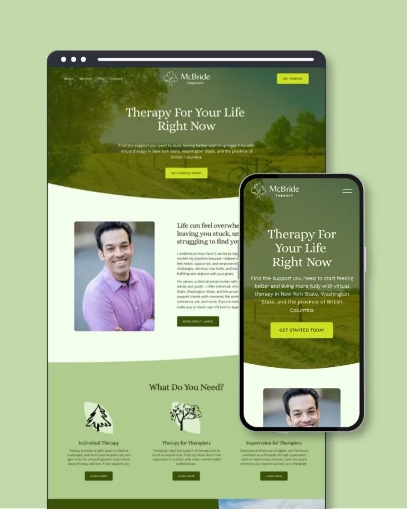 Screenshot of a mental health therapy website on a computer and smartphone that was created by Designed By Thrive