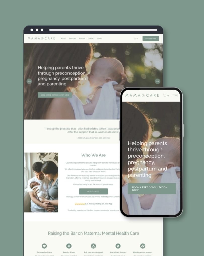 Website homepage of MamaCare mobile app and desktop.