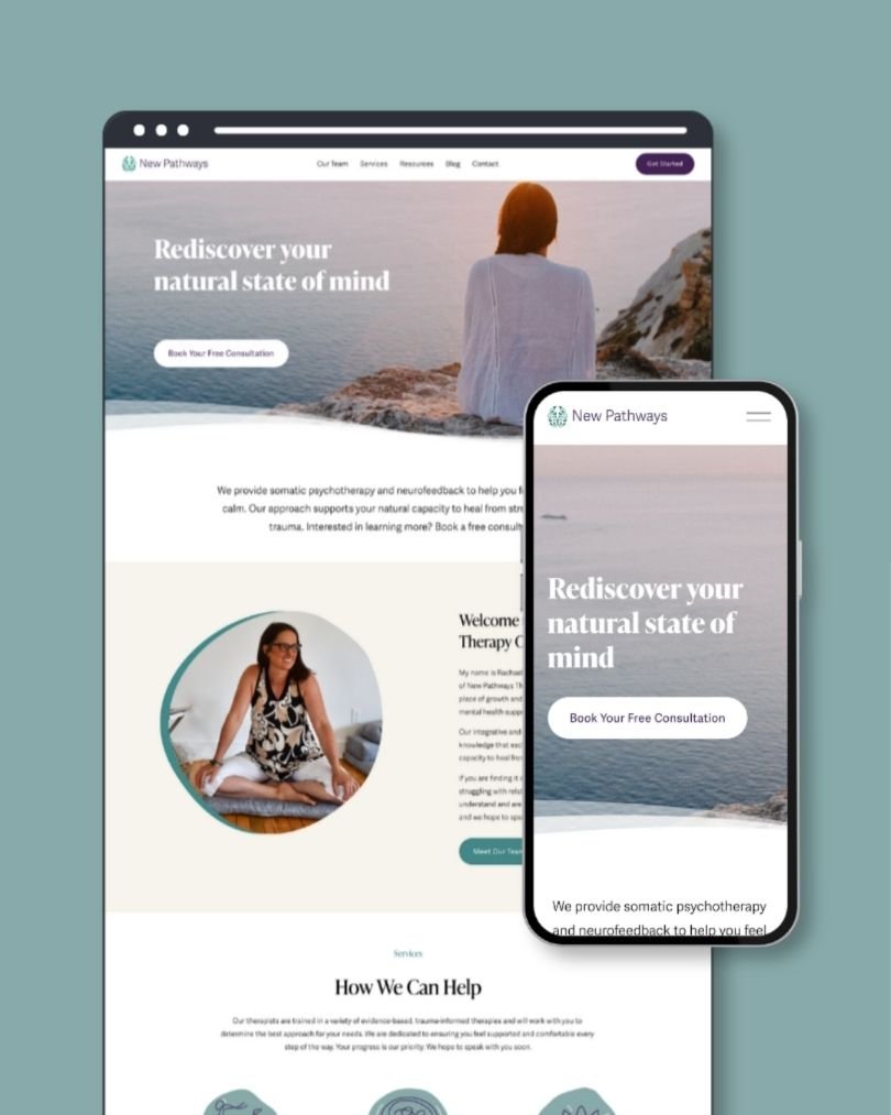 Screenshot of a mental health therapy website on a computer and smartphone that was created by Designed By Thrive