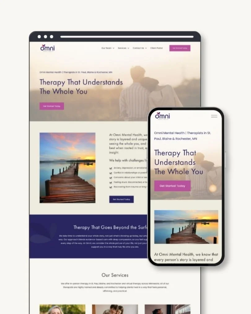 Screenshot of a mental health therapy website on a computer and smartphone that was created by Designed By Thrive