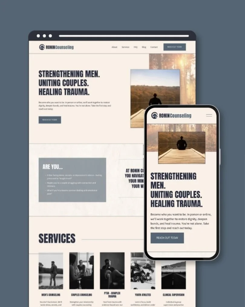 A website displayed on both a desktop and a mobile phone screen showing counseling services.