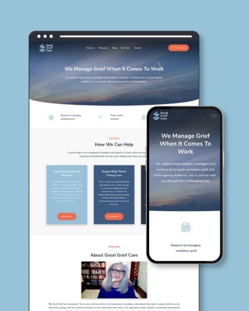 A website and mobile app screen for Good Grief Care, a service supporting organizations managing workplace grief.