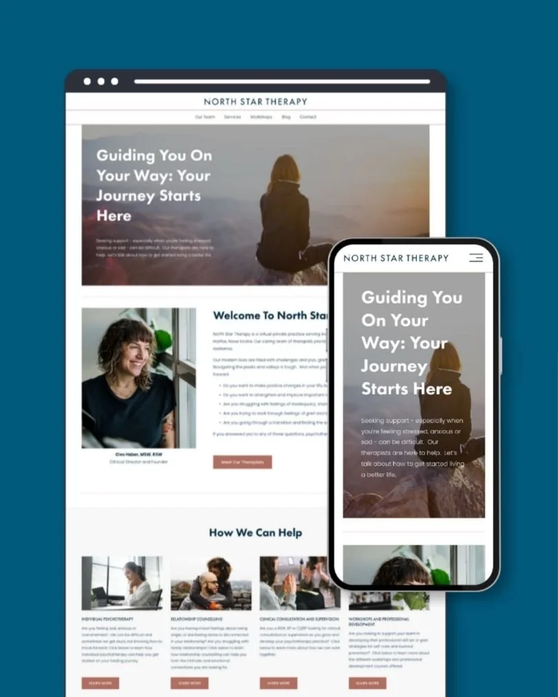 Website and mobile view of North Star Therapy with a woman sitting on rocks overlooking a sunset.