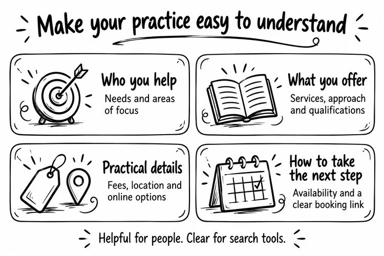 Four areas a therapy website should explain clearly: who you help, services and qualifications, fees and location, and availability and booking.