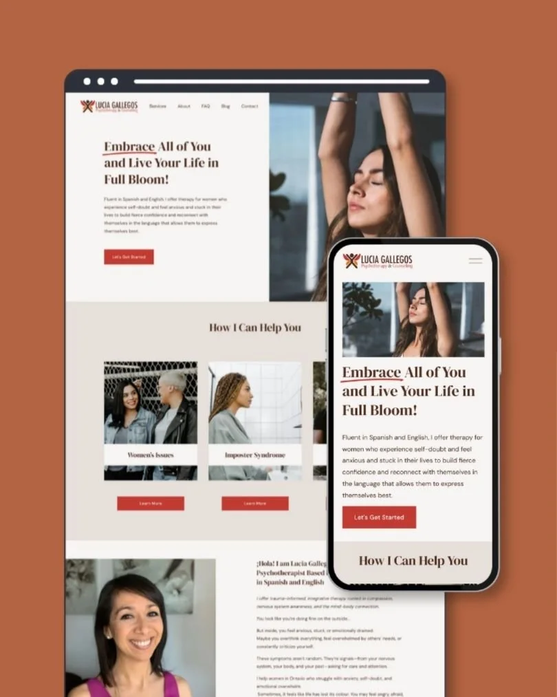 Screenshot of a mental health therapy website on a computer and smartphone that was created by Designed By Thrive