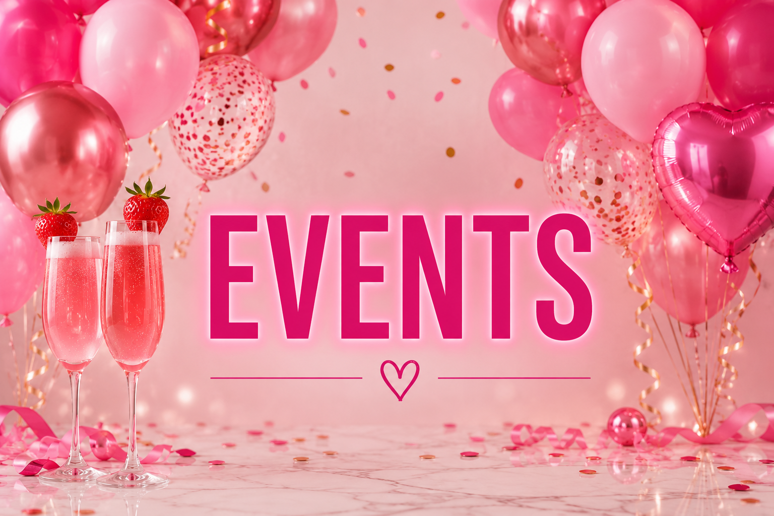 Pink-themed party scene with balloons, confetti, and two glasses of champagne garnished with strawberries, centered around the word 'EVENTS' in bright pink letters and a small heart below.