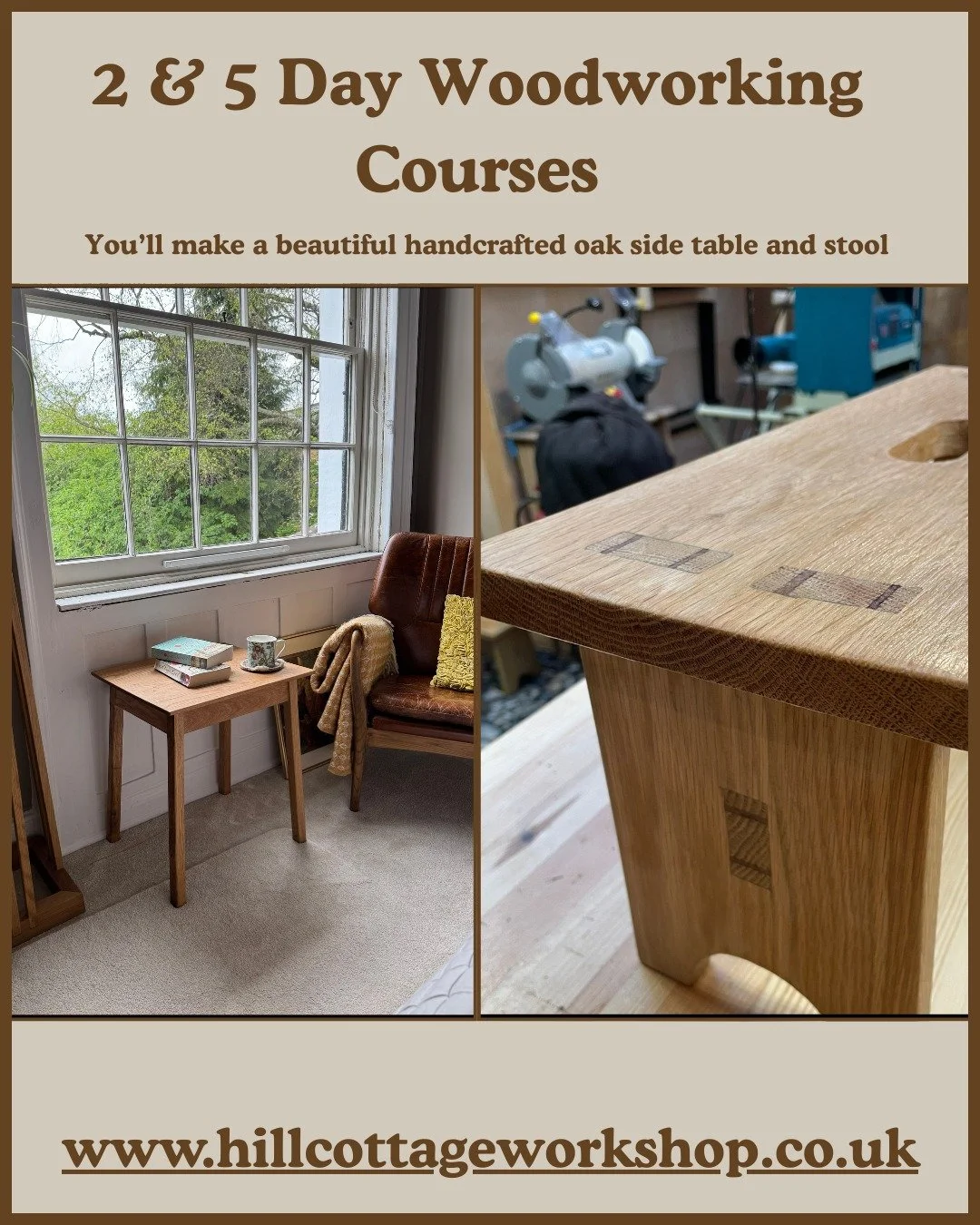 Build two beautiful pieces of furniture &mdash; by hand &mdash; in just 2 or 5 days.
Join our workshop where you'll craft a solid oak side table and a wedged mortice-and-tenon oak stool, learning core joinery techniques using hand and power tools.
#W