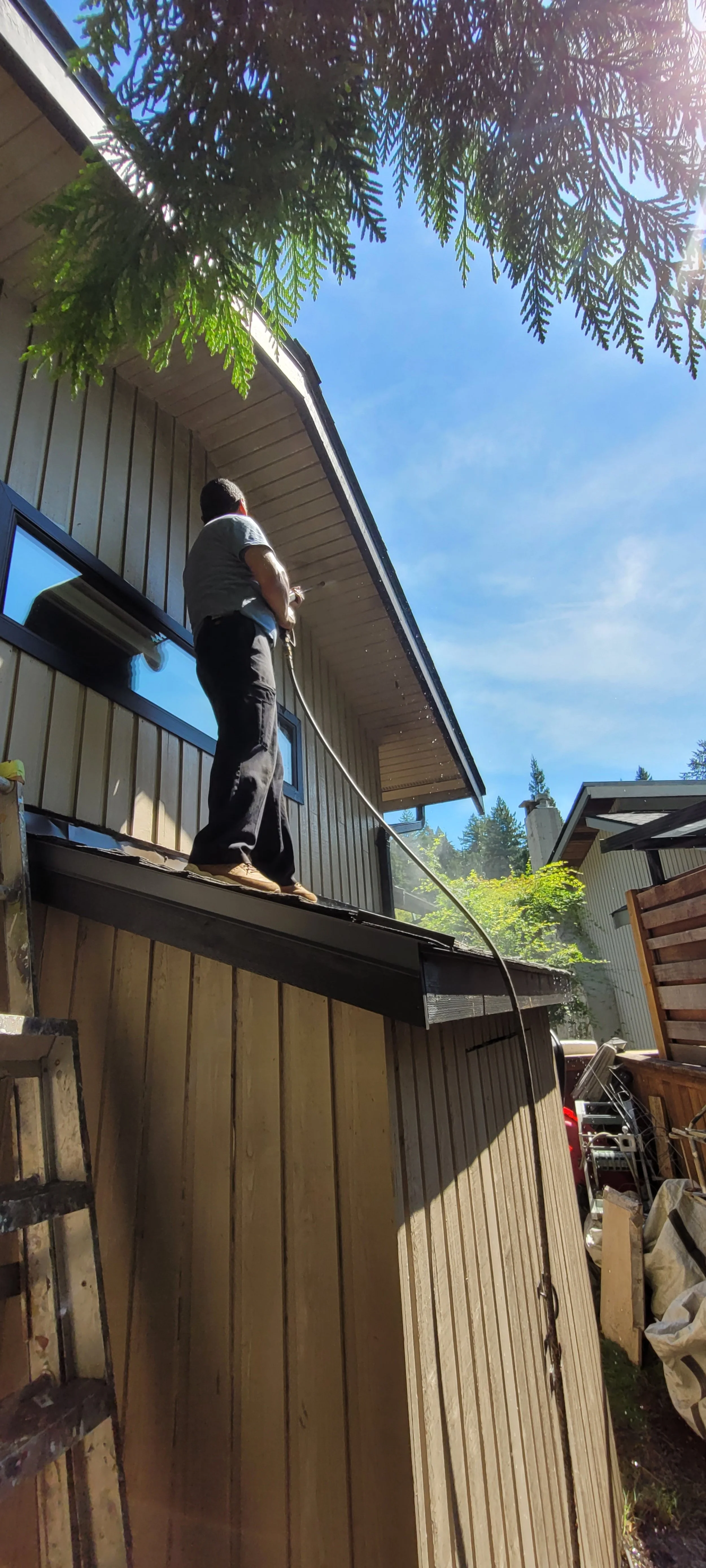 A person cleaning or painting the exterior of a house while standing on a ladder outside in bright, sunny weather.