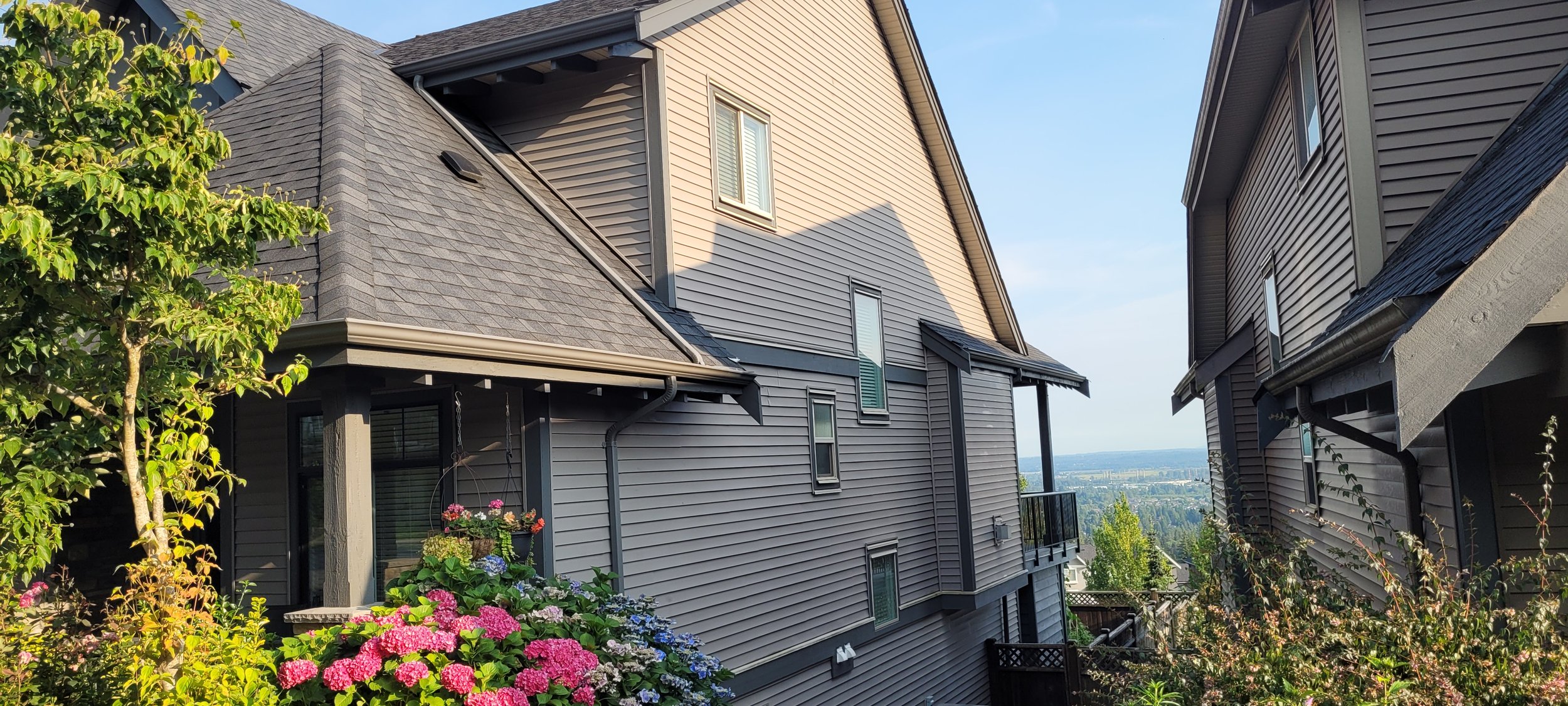Two neighboring houses with gray siding, sloped roofs, and multiple windows, surrounded by greenery and flowers with a view of a distant cityscape and clear sky.