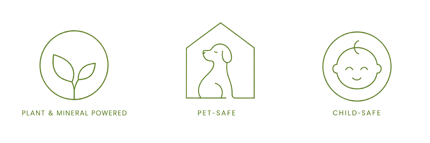 Three icons with text: a leaf with the words "Plant & Mineral Powered," a dog inside a house with the words "Pet-Safe," and a smiling baby face with the words "Child-Safe."