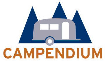 A logo with mountains, a travel trailer, and the word 'CAMPENDIUM' in bold orange letters.