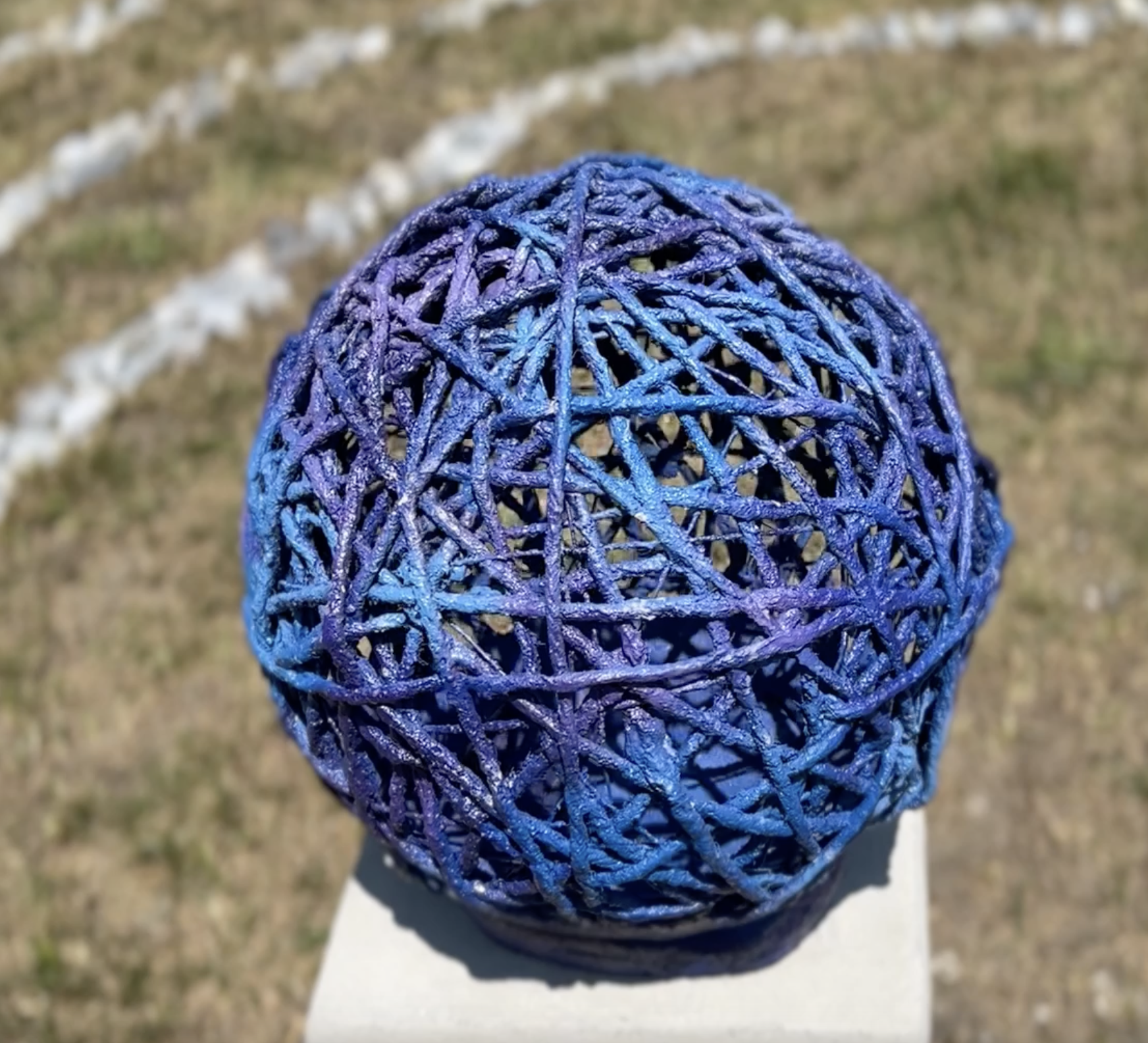 The blue and purple sphere installed at the labyrinth 