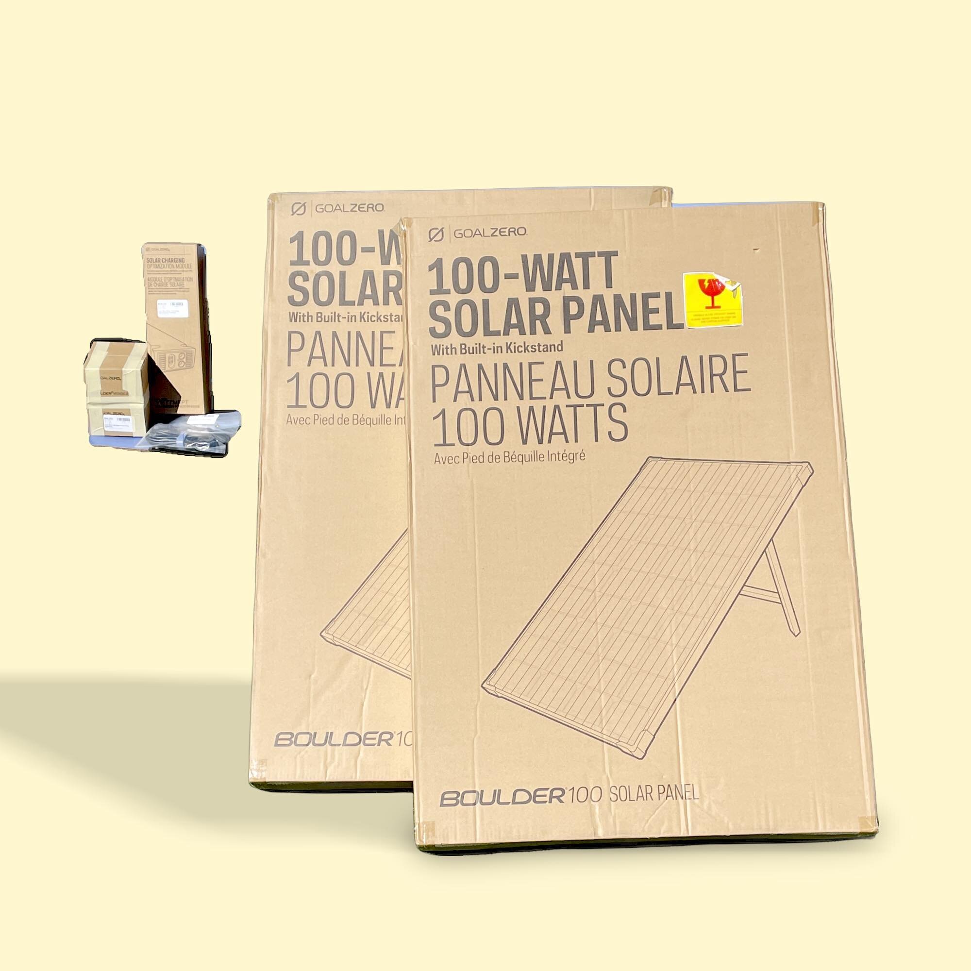 Power your dreams! Be the envy of dirtbag off grid campers everywhere with this Goal Zero Solar Panel kit.

Boulder 100 Solar Panel (x2)
MSRP: $250 each
Cc:$189 each 

Mounting brackets (x4)
MSRP: $20
Cc:$14

Solar Charging Optimization Module
MSRP: 