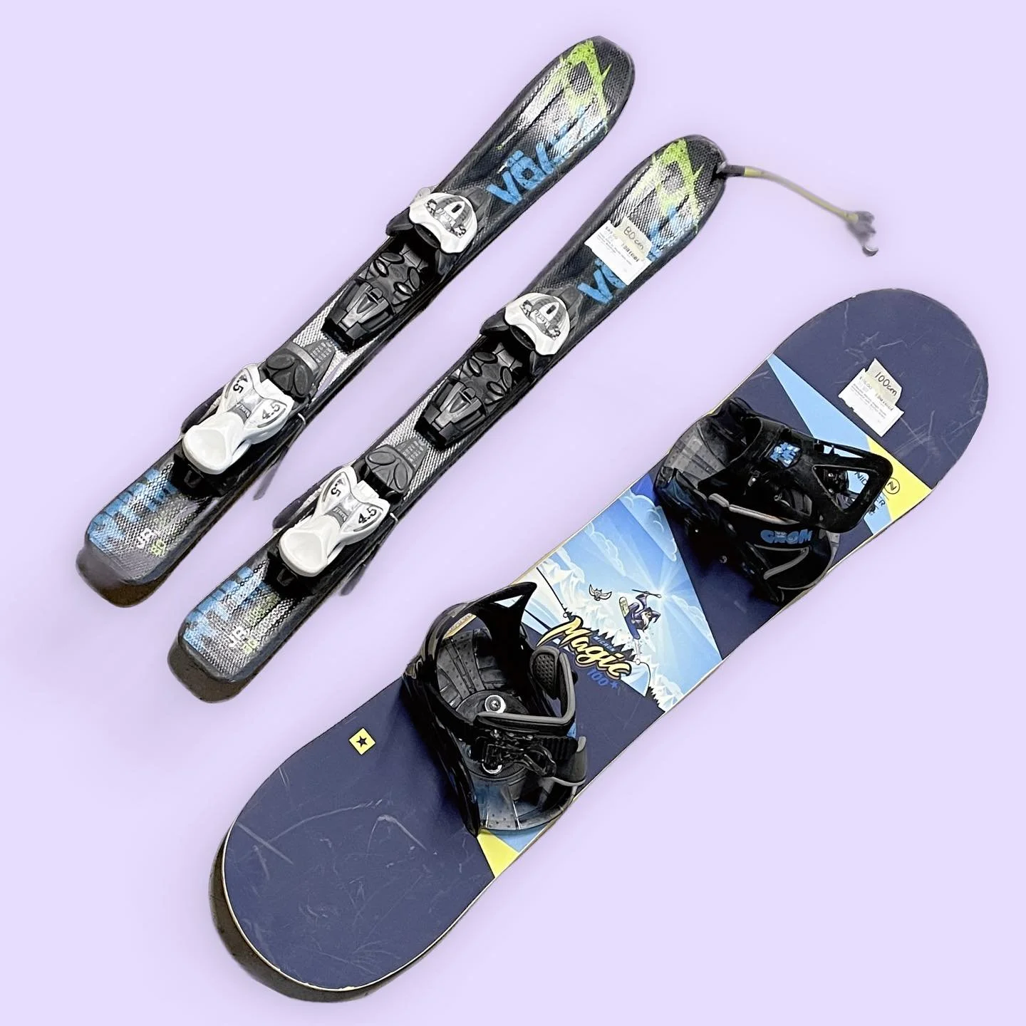 The holy grail of tiny gear! 

Volkl RTM Jr. Skis with Marker Binding
MSRP: $350 Length: 80cm
CC: $89

Nidecker Micron Magic Snowboard with Burton Grom Bindings
MSRP: $328 Length: 100cm
CC: $109