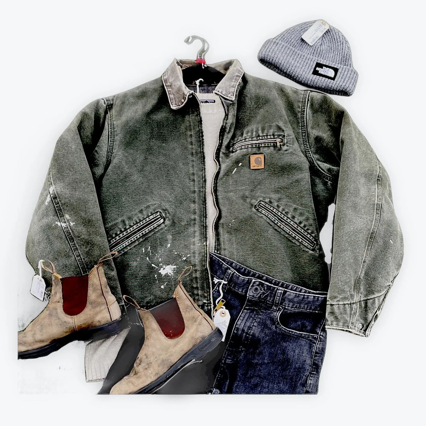 Workwear, but make it outdoorsy! 🔧🚜->🌲🏔️

Vintage Carhartt Jacket Size L $48
Patagonia Wool Sweater Size L $49
Black Diamond Jeans Size S $39
Blundstone Boots Size 41 $57.60
North Face Beanie $8