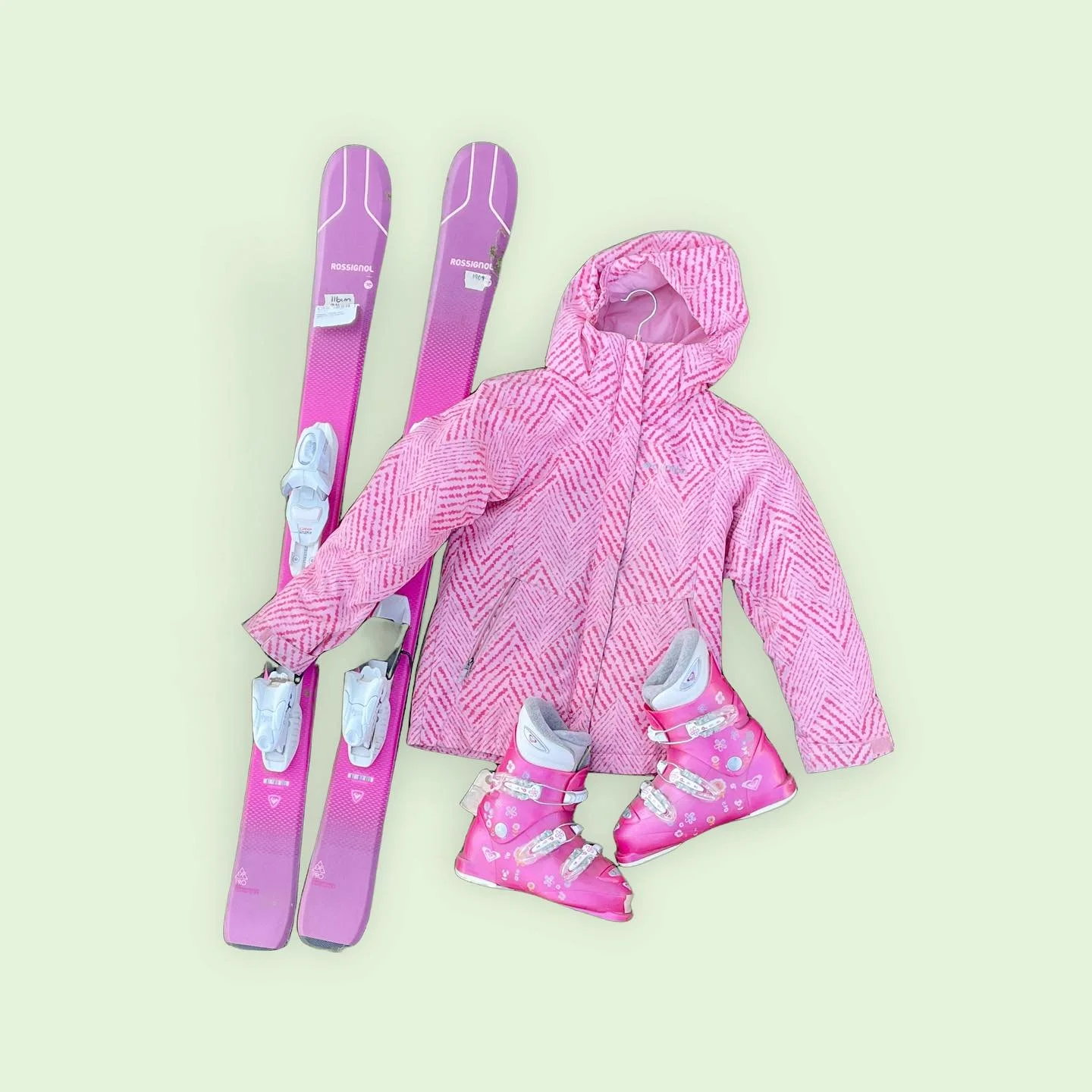 We&rsquo;re thinking pink this season!!! (And every season)

Rossignol Youth Alpine Ski with Look Bindings
Length: 116 cm $129

Kids Roxy Alpine Ski Boots
Size: 21.5 $38

Columbia 3 in 1 Ski Jacket
Size: S $34