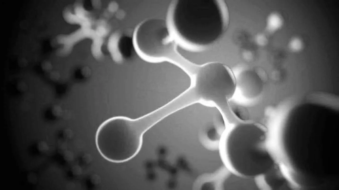 Black and white microscopic image of molecular structures connected by bonds, resembling atoms and molecules.