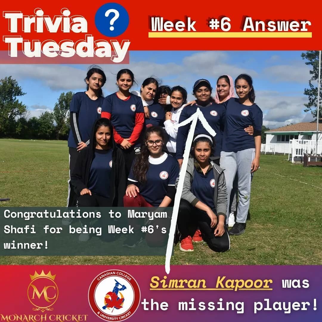 ⚠️The Week 6️⃣ Winner of the #TriviaTuesday contest and $20 Gift Card brought to you by Monarch Cricket Store is Maryam Shafi! 👏

🔴Week 6 Answer: d) Simran Kapoor 😀

She was the one missing from the picture, and just so happens to be the highest r