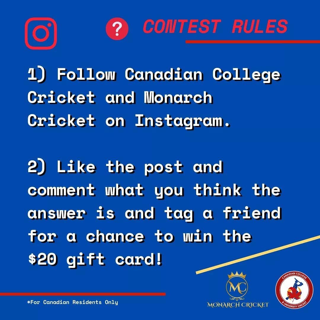 ‼️Contest rules‼️
See previous post for this week's question! 👀
.
.
.
.
#TriviaTuesday #Contest #Trivia #CCUCricket #CanadianCollegeCricket #CollegeCricket #UniversityCricket #CricketCanada #Cricket #MonarchCricket #Ottawa #MVP