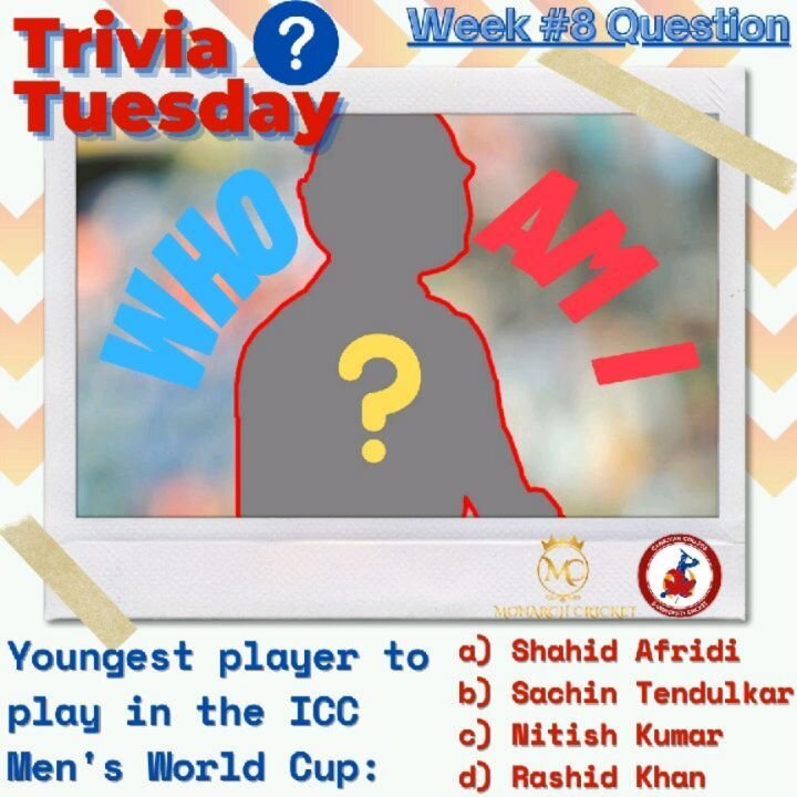 ⚠️LAST GIVEAWAY⚠️
⁉️ Question for Week 8

🔴Q: Who was the youngest player ever to play in an ICC Men&rsquo;s World Cup? 

Was it: 🤔
a) Shahid Afridi 
b) Sachin Tendulkar 
c) Nitish Roenick Kumar 
d) Rashid Khan 

#TriviaTuesday contest brought to y