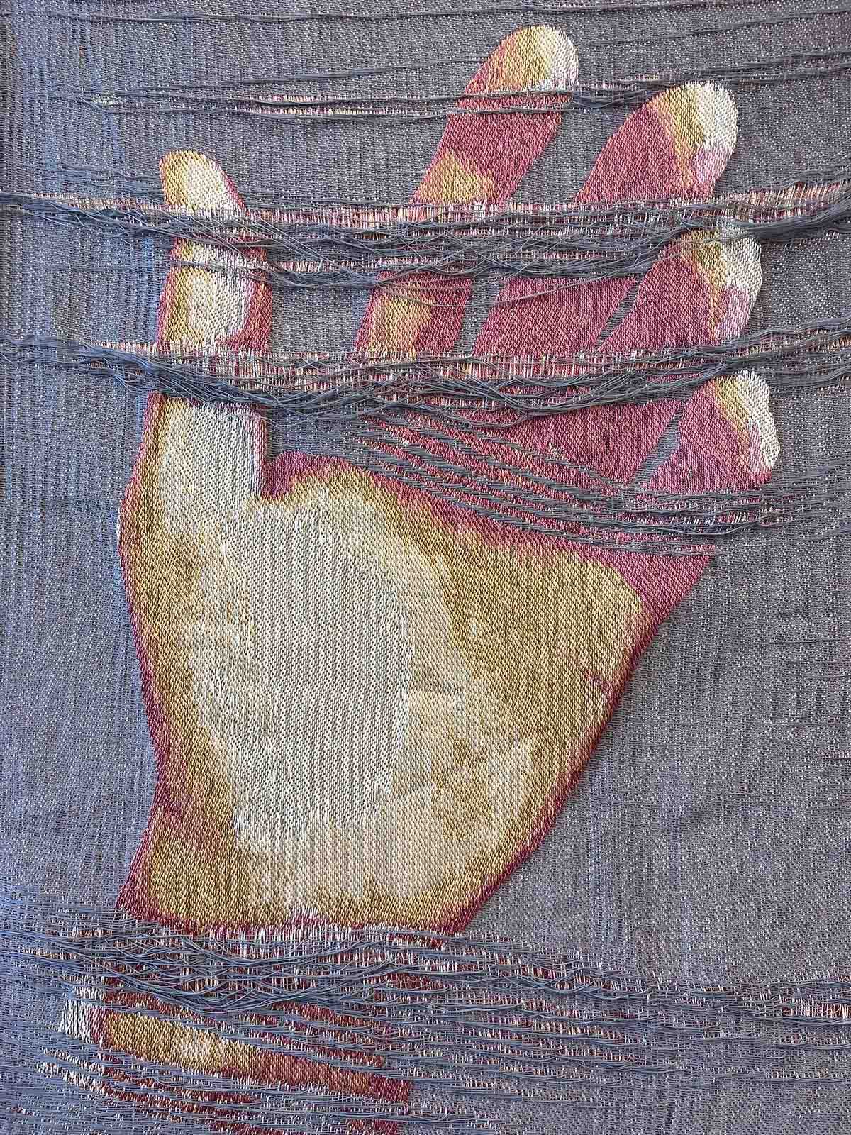 Hand with Yarn, 2023, handwoven cotton jacquard, textile by Jaya Griscom