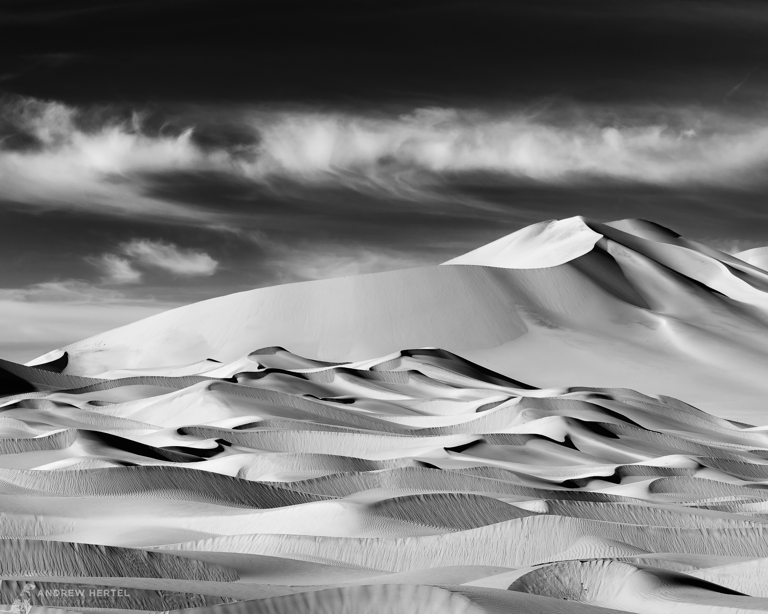 black and white fine art photograph of a large sand dune in Eureka Dunes in Death Valley National Park