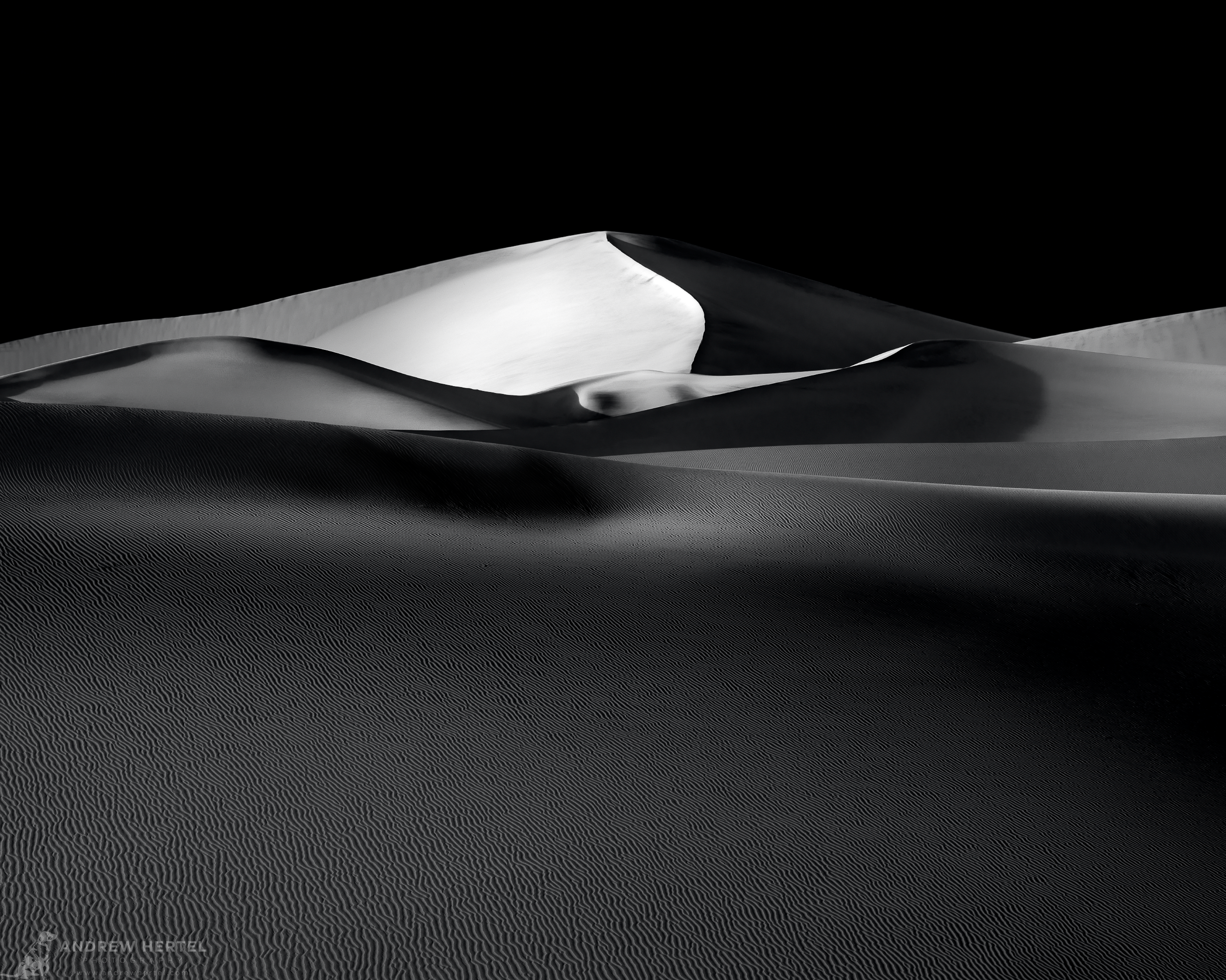  Black and white fine art photograph of sand dunes at Mesquite Dunes in Death Valley National Park.  