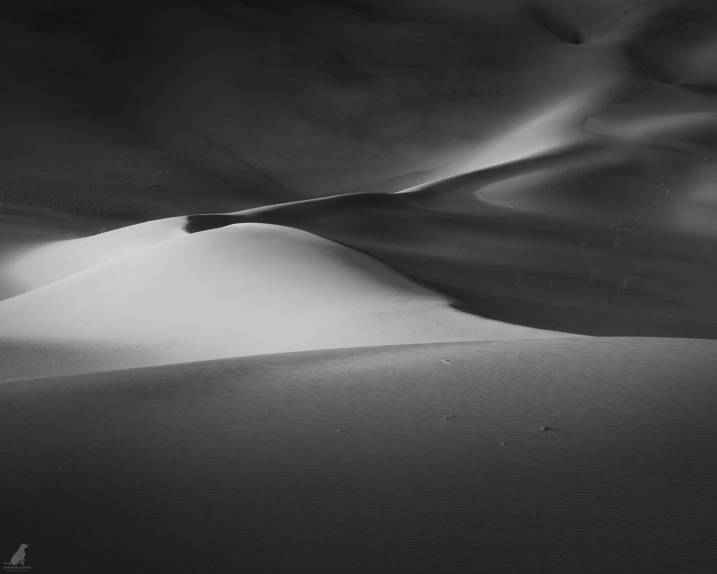 Black and white fine art photograph of sand dunes at Eureka Dunes in Death Valley National Park.  