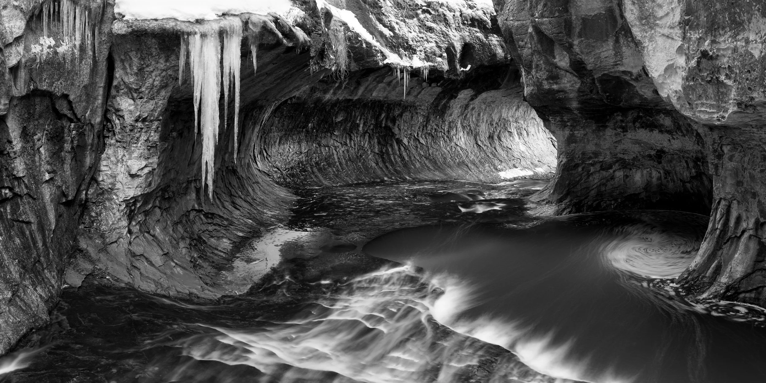 black and white photograph from inside the subway in Zion National Park