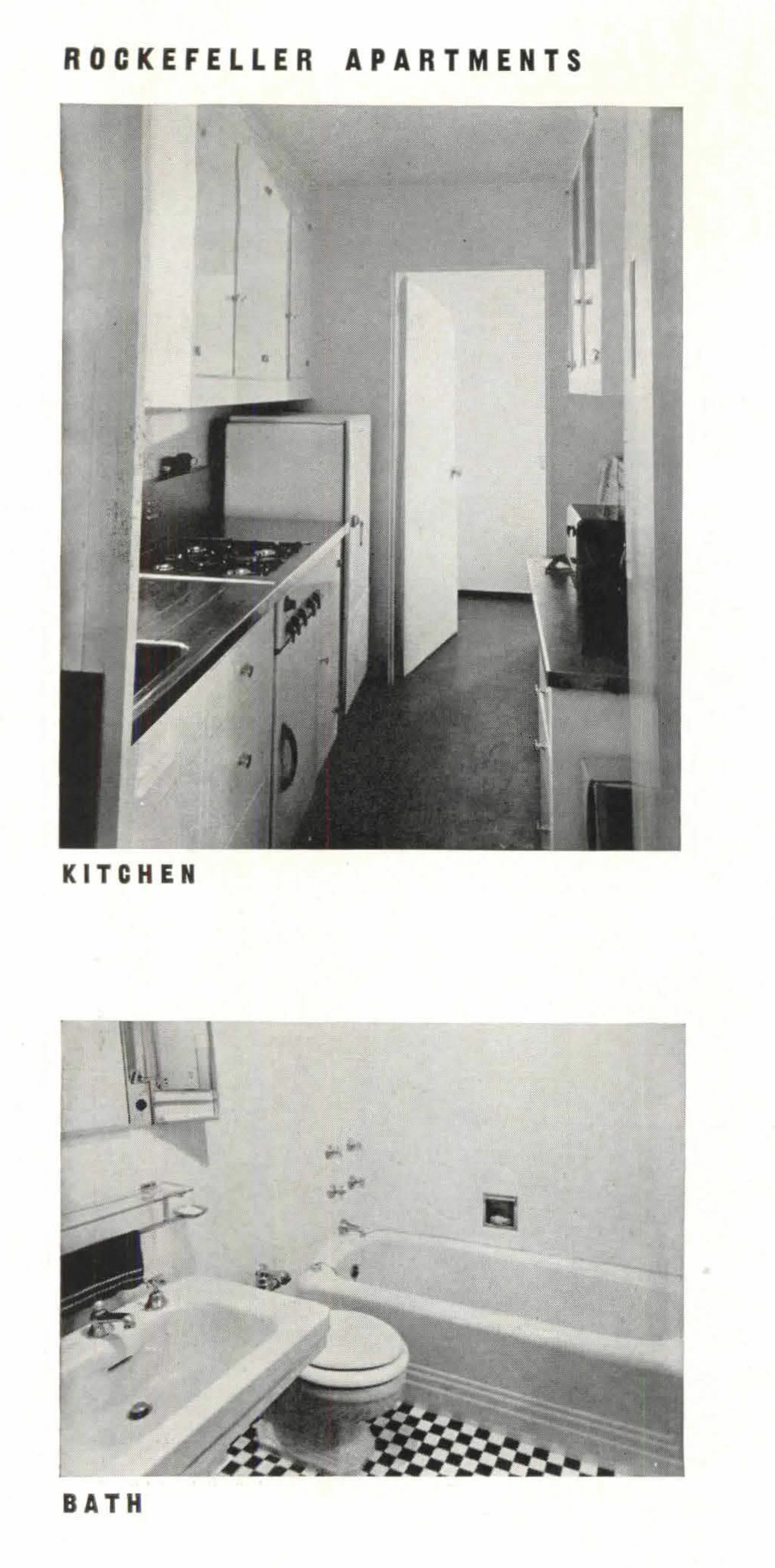 Historic photos of the original bathrooms and kitchen in the Rockefeller Apartments