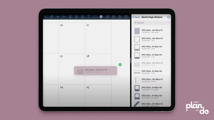 simplyplananddo.com -using individual stickers in noteshelf - drag across the stickers you want to use.