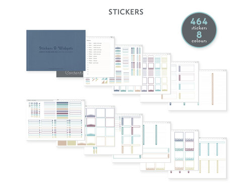 simplyplananddo.com - GoodNotes sticker book with 464 pre-cropped and pre-sized stickers in 8 colours, comes with the 2021 Digital Planner (horizontal, day planner).