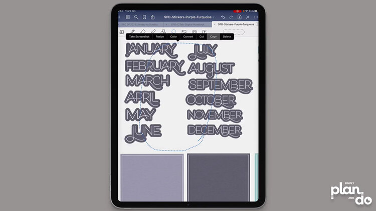 simplyplananddo.com - using a digital notebook to make an undated digital planner - use the lasso tool to marquee the month stickers in your GoodNotes sticker book, or drag them individually across from your device files or cloud storage.