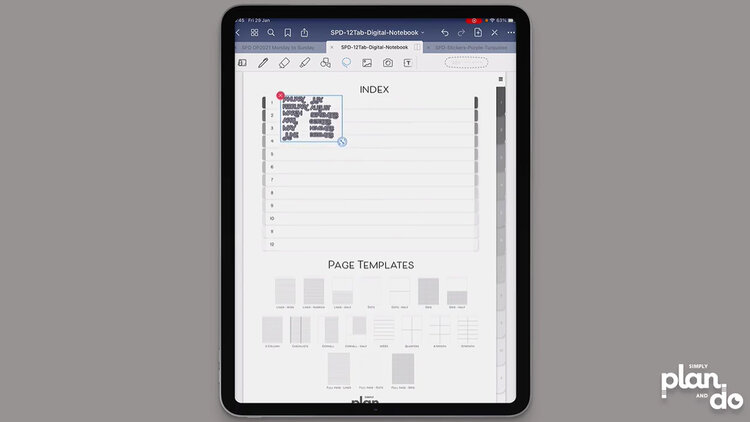 simplyplananddo.com - using a digital notebook to make an undated digital planner - paste your month stickers onto the index page and resize.