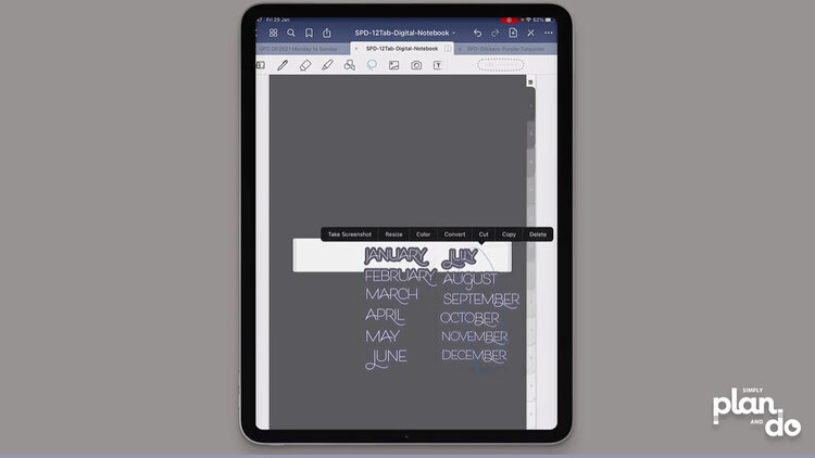 simplyplananddo.com - using a digital notebook to make an undated digital planner - while you still have the month stickers on your paste board, copy them onto the dividers, removing the ones you don’t need.