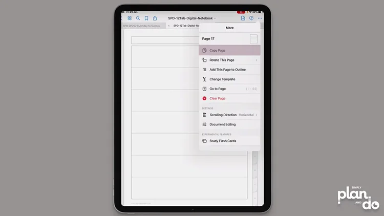 simplyplananddo.com - using a digital notebook to make an undated digital planner - copy a page template ready to make a duplicate copy for your weekly page.