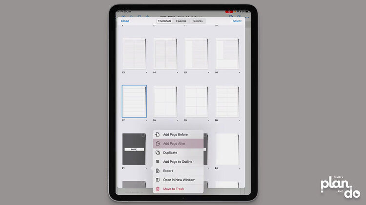 simplyplananddo.com - using a digital notebook to make an undated digital planner - use the thumbnail view to find the position to add your new weekly page layout.