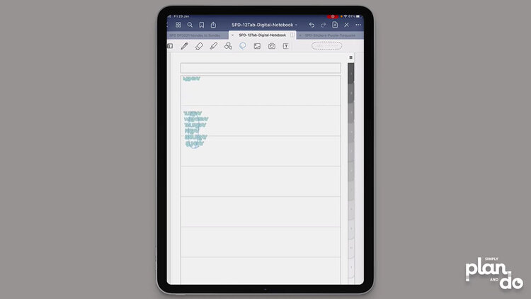 simplyplananddo.com - using a digital notebook to make an undated digital planner - paste and move your day stickers into place on your week page.
