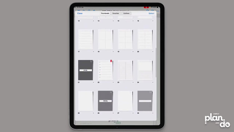 simplyplananddo.com - using a digital notebook to make an undated digital planner - adding a bookmark to the current week makes navigating easy and quick, particularly as you add pages and your digital notebook/planner grows!