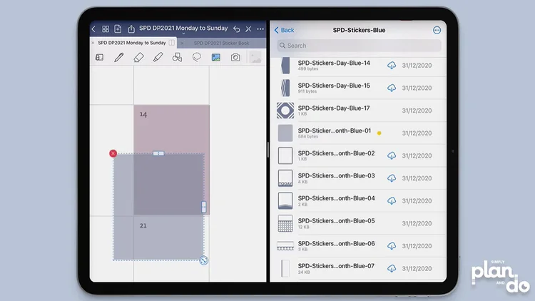 simplyplananddo.com - how to resize solid shape stickers in GoodNotes - adding a sticker via files or cloud storage.