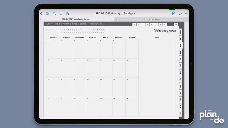 simplyplananddo.com - video tutorial and step-by-step - monthly planner spread on the 2021 dated daily digital planner.