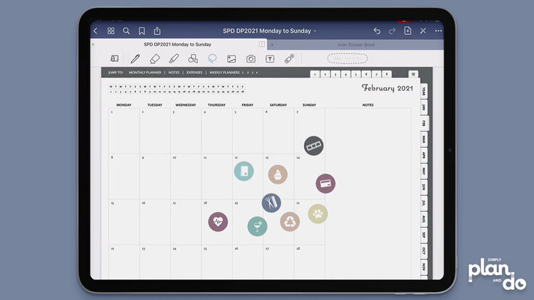 simplyplananddo.com - video tutorial and step-by-step - continue to select stickers from the sticker book and add them to your monthly planner page.