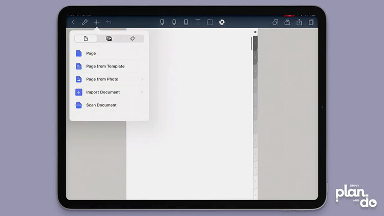 simplyplananddo.com - how to add a new page in your digital notebook, while keeping the side hyperlinked tabs, in Noteshelf app - adding a normal blank page.