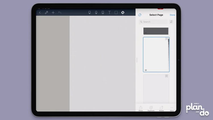 simplyplananddo.com - how to add a new page in your digital notebook, while keeping the side hyperlinked tabs, in Noteshelf app - open page manager.