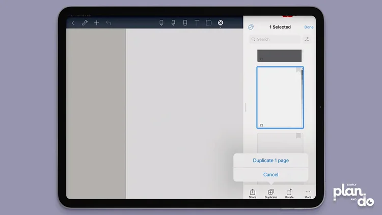 simplyplananddo.com - how to add a new page in your digital notebook, while keeping the side hyperlinked tabs, in Noteshelf app - duplicate selected page.